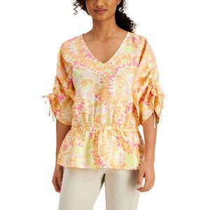 JM Collection Printed V Neck Gathered Waist Top